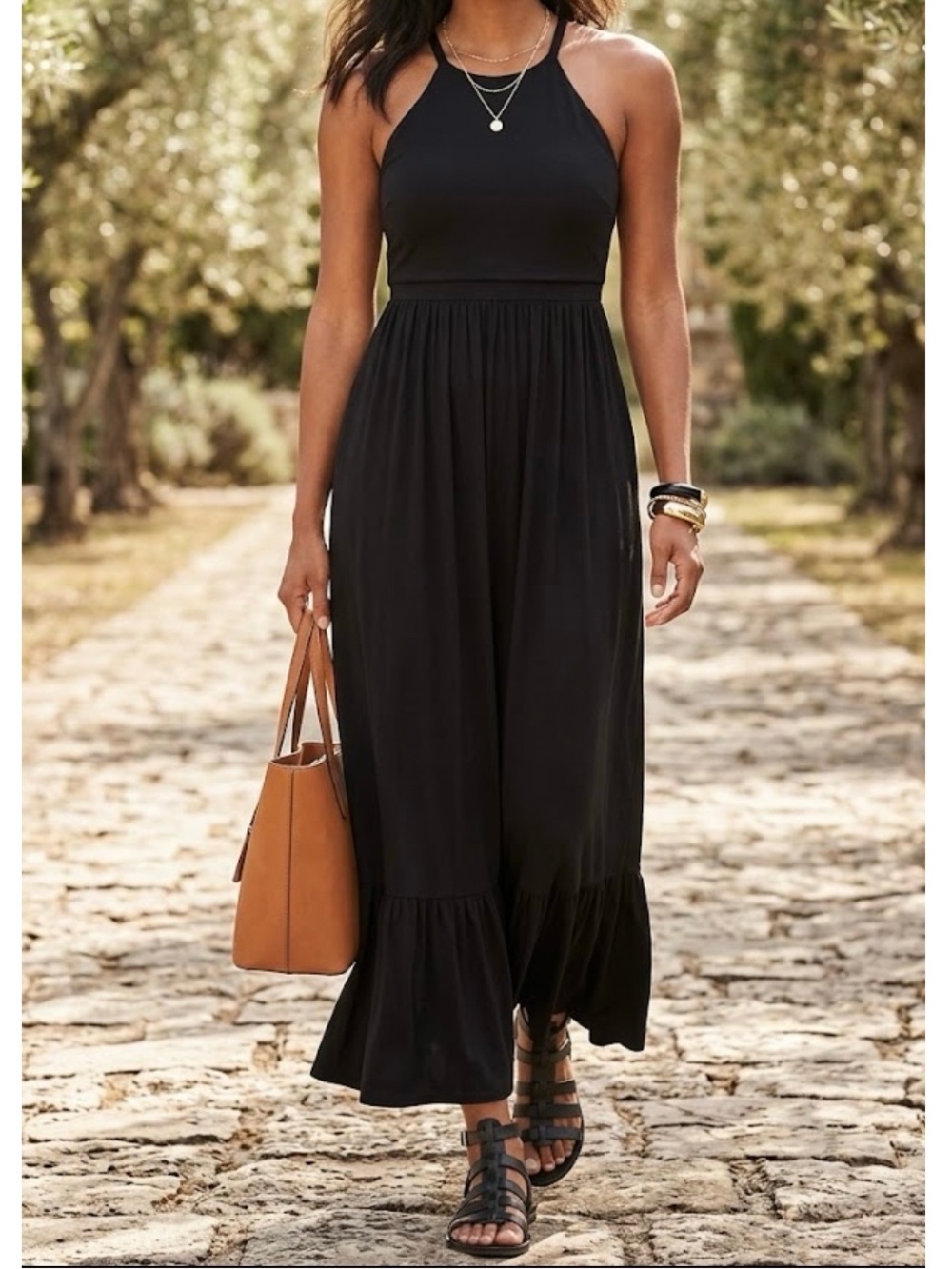 NEW Size M TALL Old Navy Black Keyhole Back Tiered Pleated Boho Maxi Dress